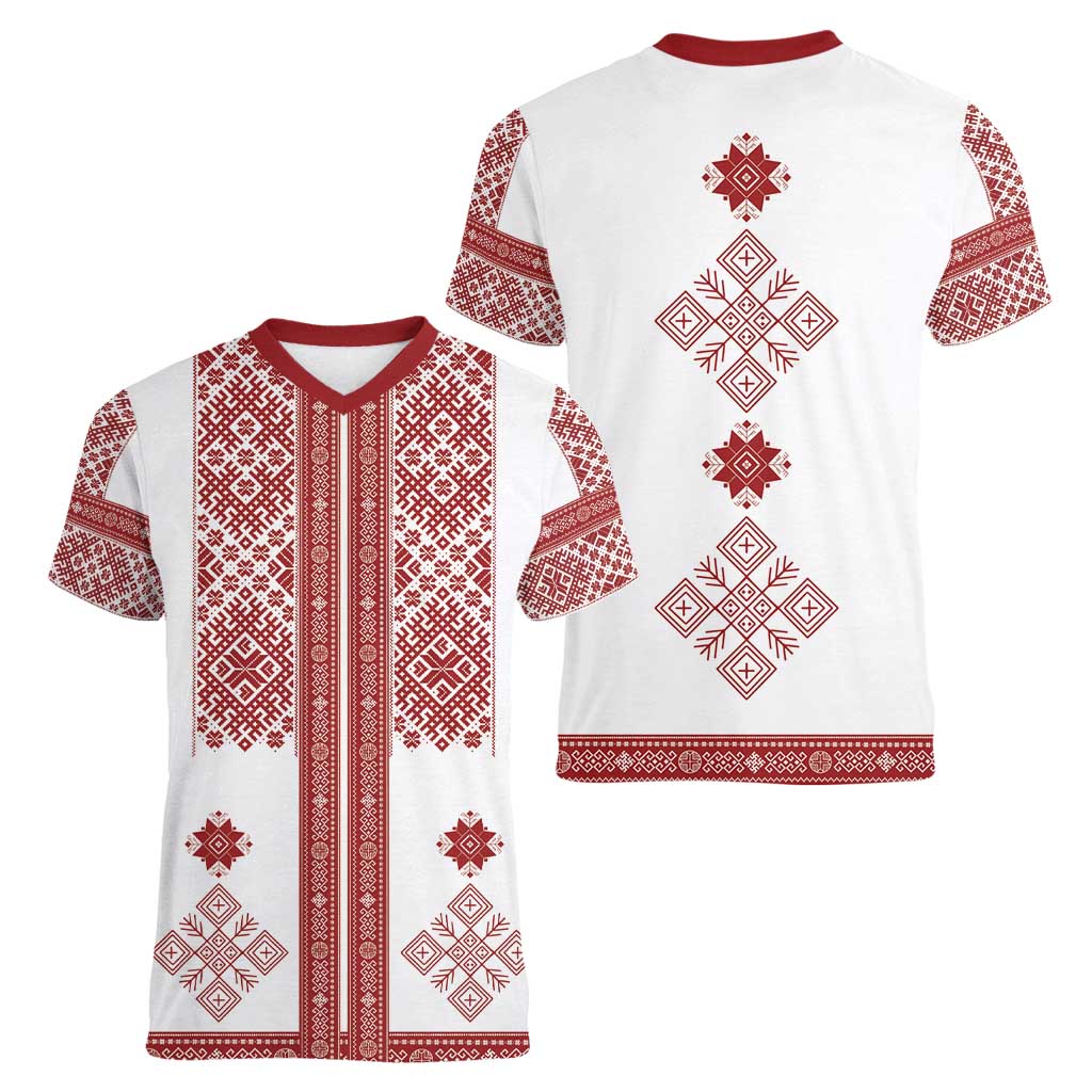 Latvia Jani Midsummer Women V-Neck T-Shirt Red White Latvijas Auseklis