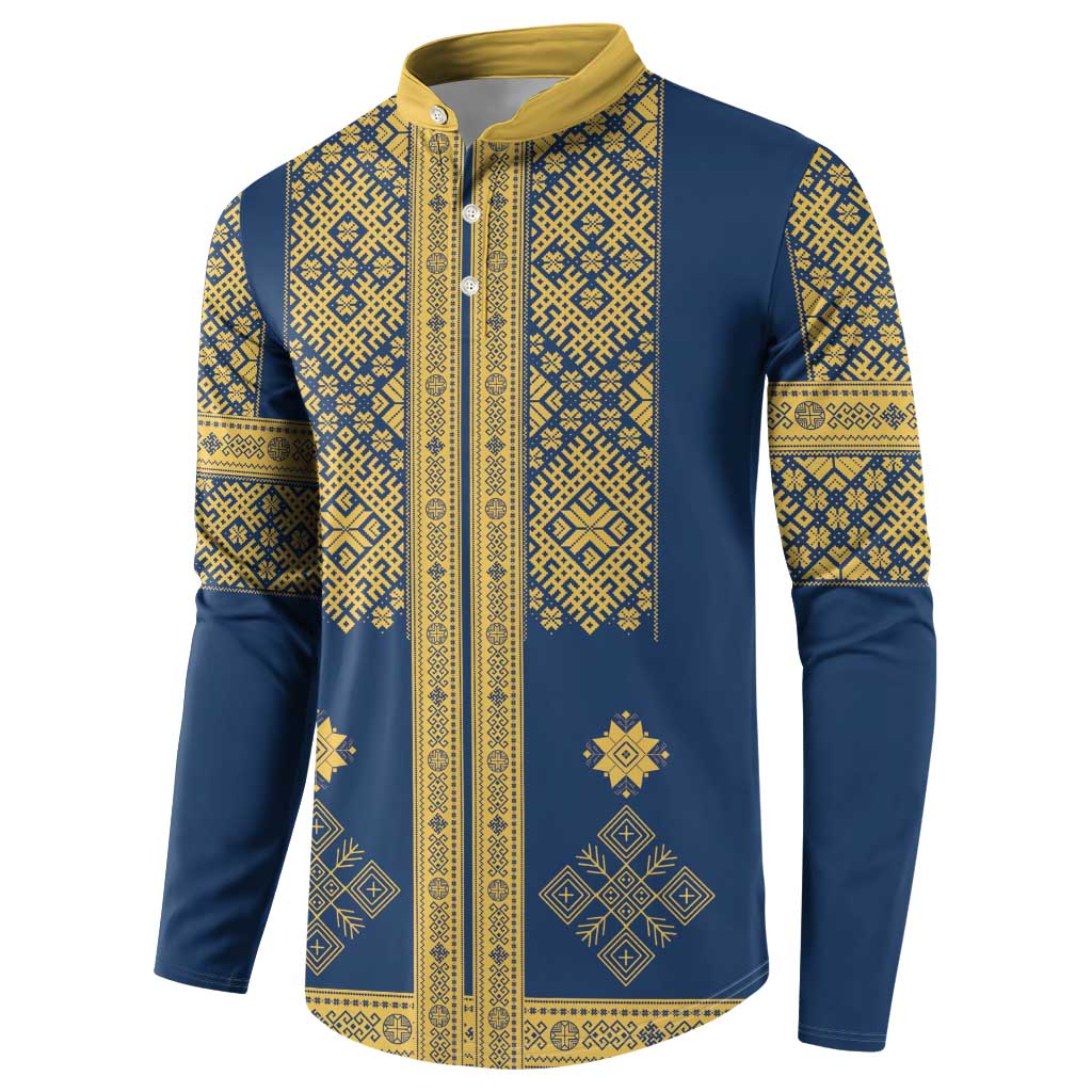 Latvia Jani Midsummer Button Sweatshirt Blue Gold Latvijas Auseklis