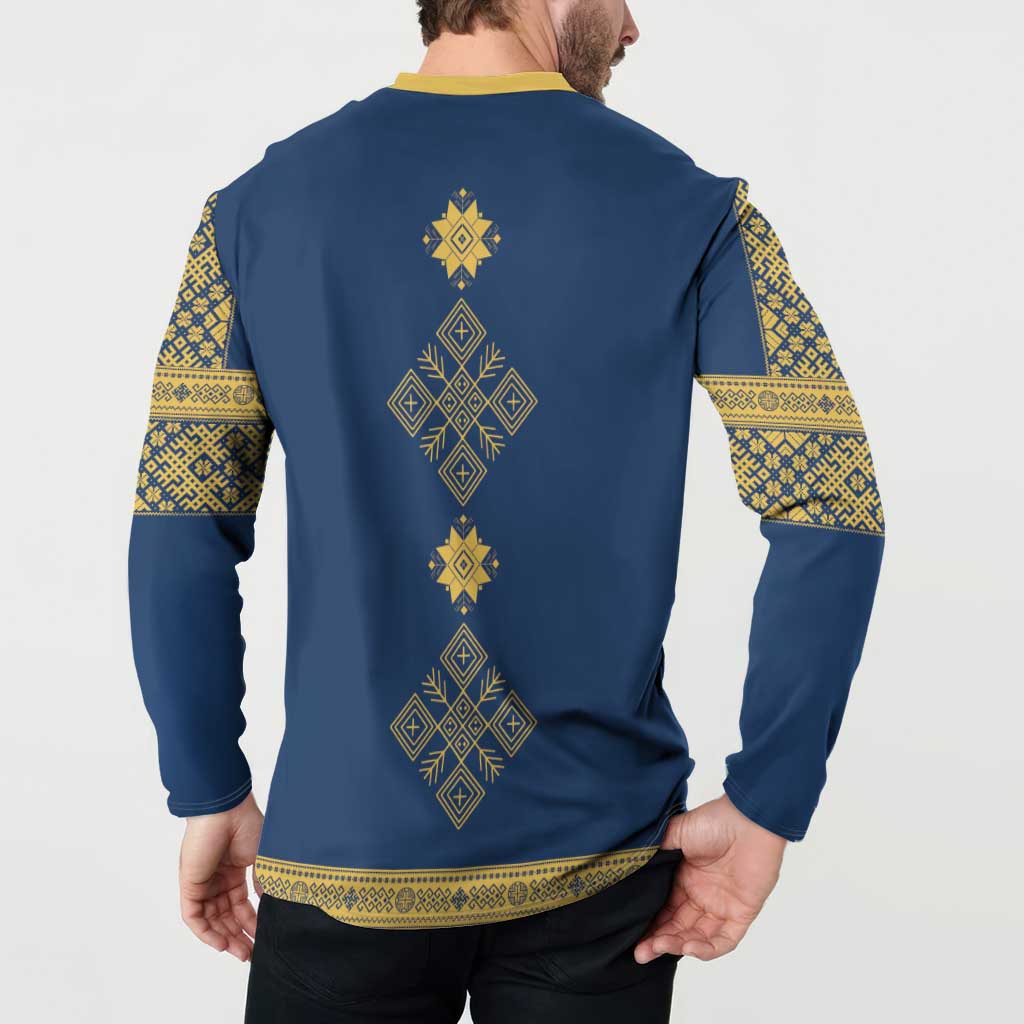 Latvia Jani Midsummer Button Sweatshirt Blue Gold Latvijas Auseklis