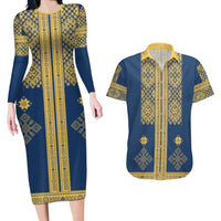 Latvia Jani Midsummer Couples Matching Long Sleeve Bodycon Dress and Hawaiian Shirt Blue Gold Latvijas Auseklis