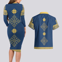 Latvia Jani Midsummer Couples Matching Long Sleeve Bodycon Dress and Hawaiian Shirt Blue Gold Latvijas Auseklis