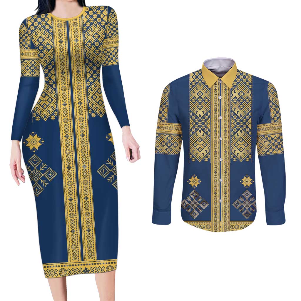 Latvia Jani Midsummer Couples Matching Long Sleeve Bodycon Dress and Long Sleeve Button Shirt Blue Gold Latvijas Auseklis