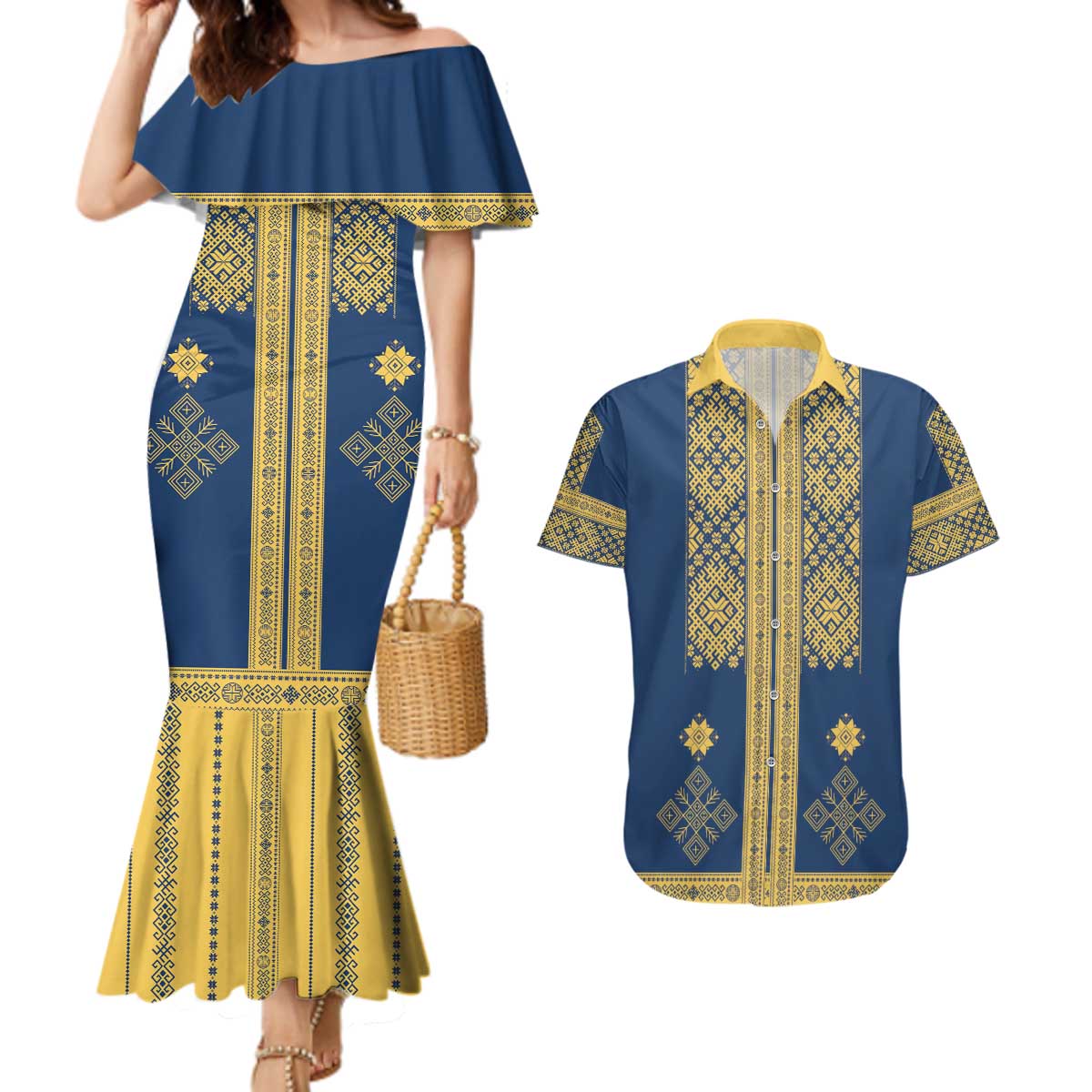 Latvia Jani Midsummer Couples Matching Mermaid Dress and Hawaiian Shirt Blue Gold Latvijas Auseklis