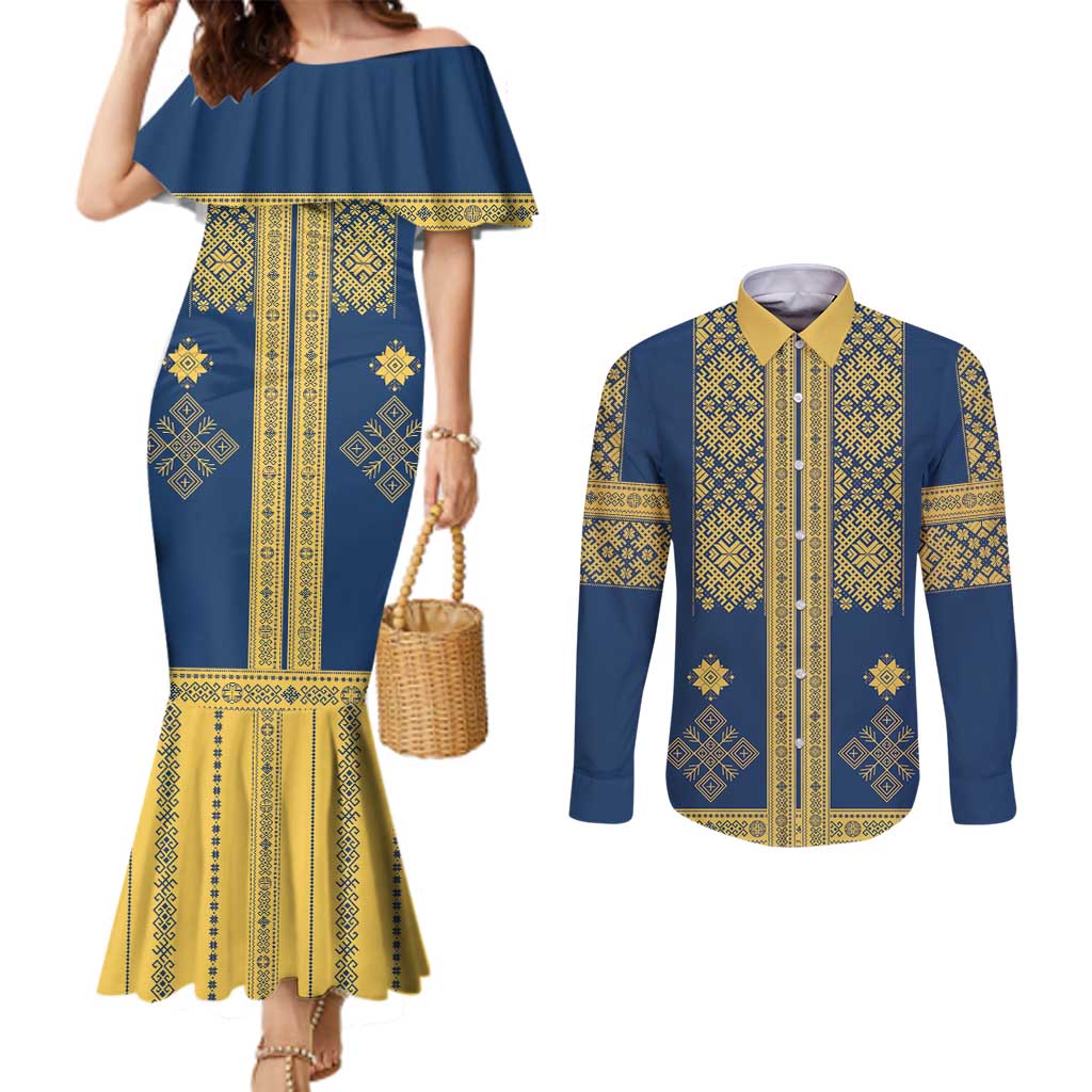 Latvia Jani Midsummer Couples Matching Mermaid Dress and Long Sleeve Button Shirt Blue Gold Latvijas Auseklis