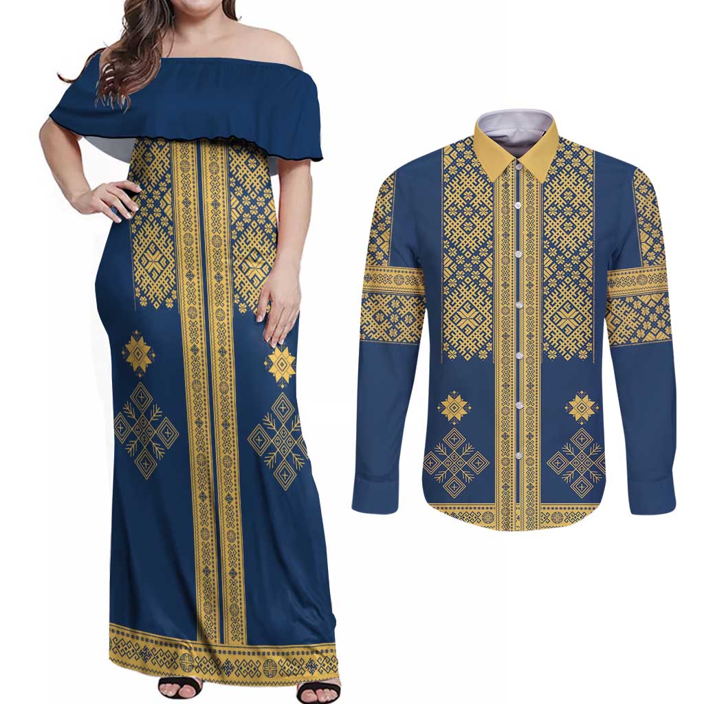 Latvia Jani Midsummer Couples Matching Off Shoulder Maxi Dress and Long Sleeve Button Shirt Blue Gold Latvijas Auseklis