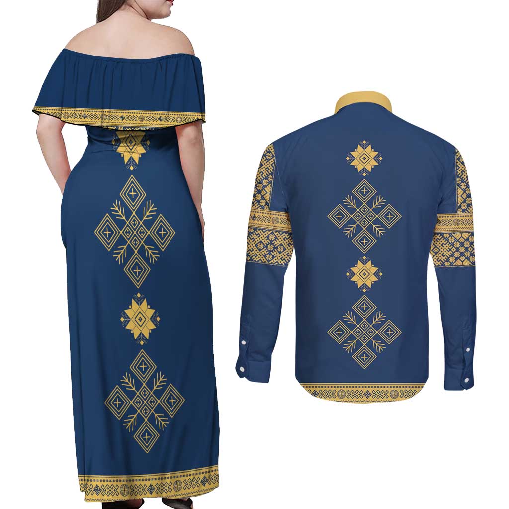 Latvia Jani Midsummer Couples Matching Off Shoulder Maxi Dress and Long Sleeve Button Shirt Blue Gold Latvijas Auseklis