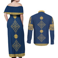 Latvia Jani Midsummer Couples Matching Off Shoulder Maxi Dress and Long Sleeve Button Shirt Blue Gold Latvijas Auseklis