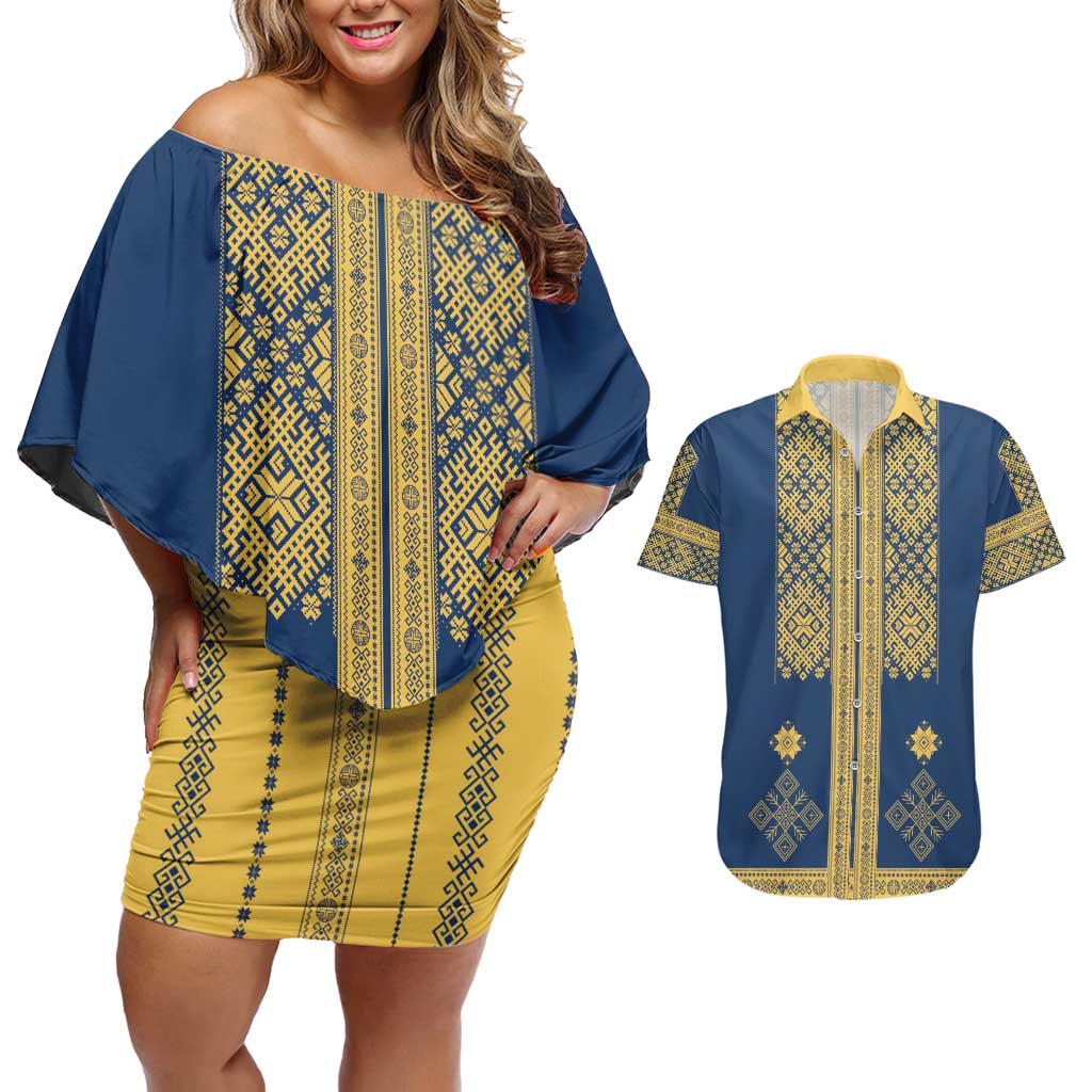 Latvia Jani Midsummer Couples Matching Off Shoulder Short Dress and Hawaiian Shirt Blue Gold Latvijas Auseklis