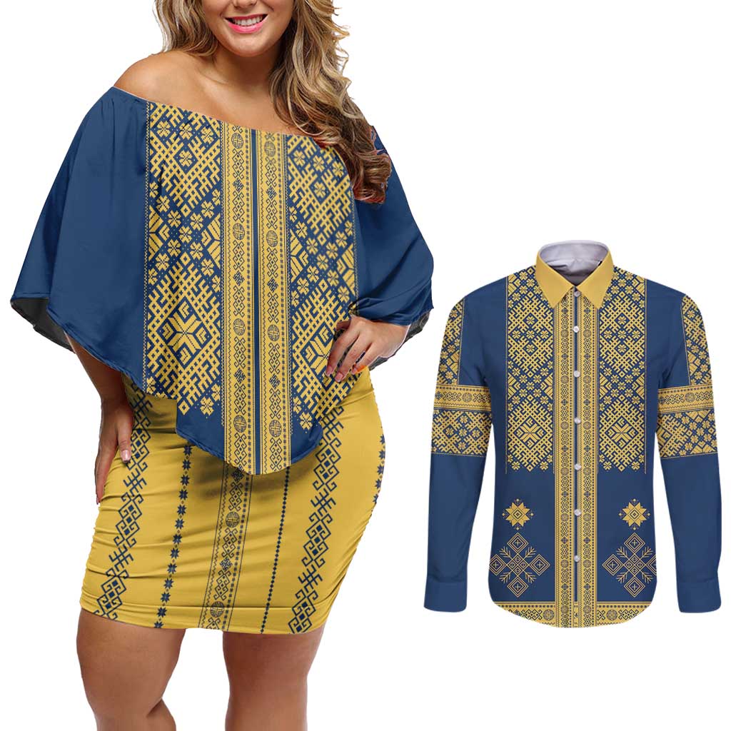 Latvia Jani Midsummer Couples Matching Off Shoulder Short Dress and Long Sleeve Button Shirt Blue Gold Latvijas Auseklis