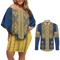 Latvia Jani Midsummer Couples Matching Off Shoulder Short Dress and Long Sleeve Button Shirt Blue Gold Latvijas Auseklis