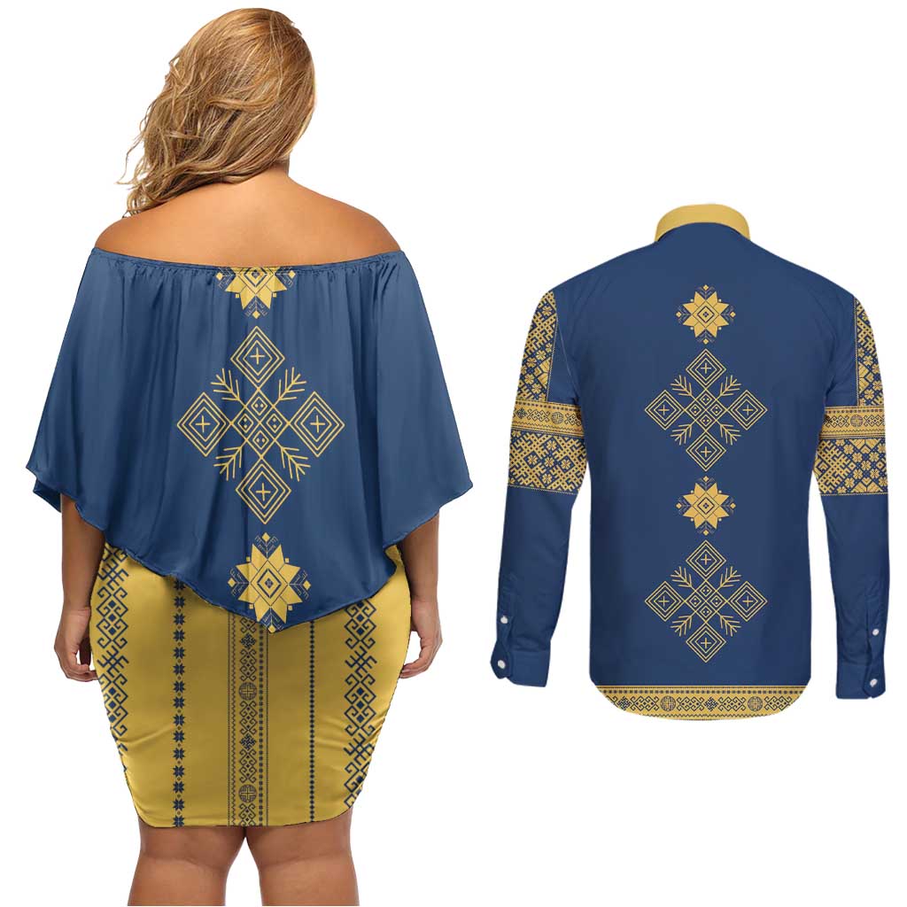 Latvia Jani Midsummer Couples Matching Off Shoulder Short Dress and Long Sleeve Button Shirt Blue Gold Latvijas Auseklis