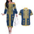 Latvia Jani Midsummer Couples Matching Off The Shoulder Long Sleeve Dress and Hawaiian Shirt Blue Gold Latvijas Auseklis