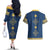 Latvia Jani Midsummer Couples Matching Off The Shoulder Long Sleeve Dress and Hawaiian Shirt Blue Gold Latvijas Auseklis