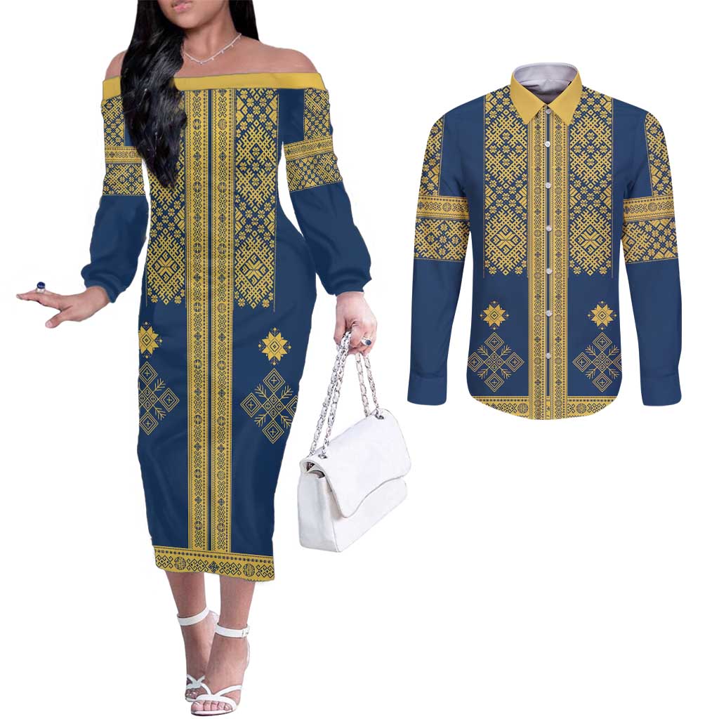 Latvia Jani Midsummer Couples Matching Off The Shoulder Long Sleeve Dress and Long Sleeve Button Shirt Blue Gold Latvijas Auseklis