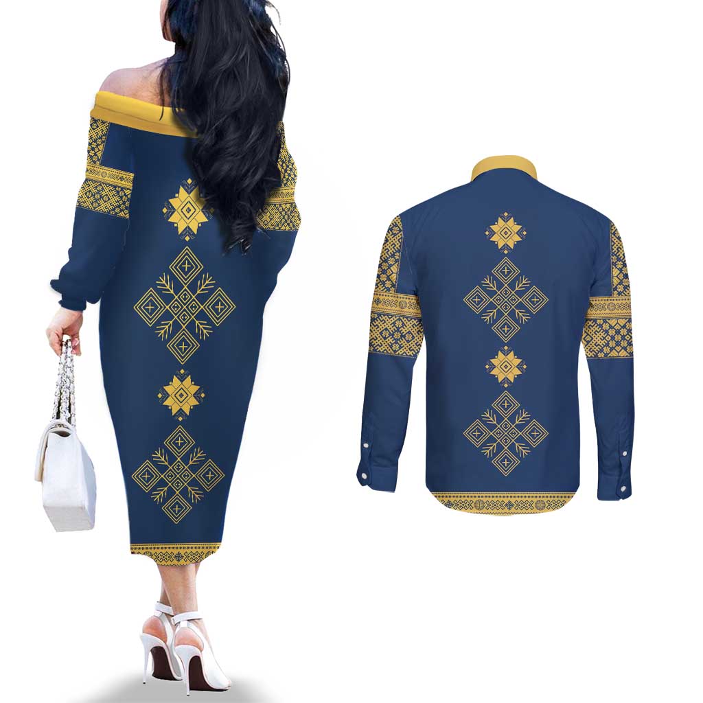 Latvia Jani Midsummer Couples Matching Off The Shoulder Long Sleeve Dress and Long Sleeve Button Shirt Blue Gold Latvijas Auseklis