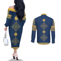 Latvia Jani Midsummer Couples Matching Off The Shoulder Long Sleeve Dress and Long Sleeve Button Shirt Blue Gold Latvijas Auseklis