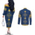 Latvia Jani Midsummer Couples Matching Off The Shoulder Long Sleeve Dress and Long Sleeve Button Shirt Blue Gold Latvijas Auseklis