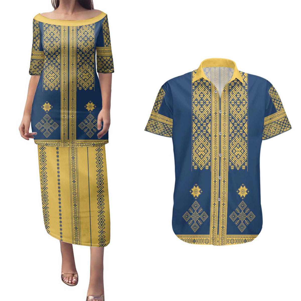 Latvia Jani Midsummer Couples Matching Puletasi and Hawaiian Shirt Blue Gold Latvijas Auseklis