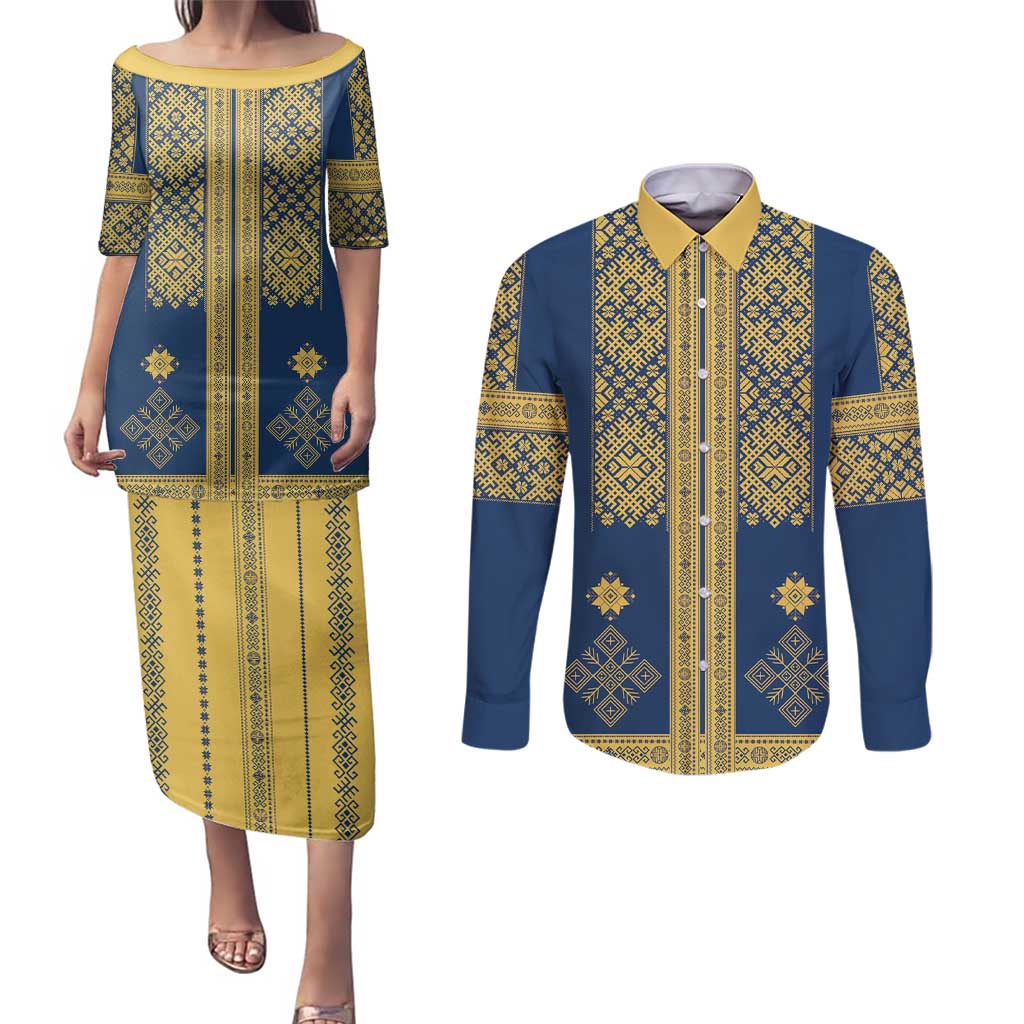 Latvia Jani Midsummer Couples Matching Puletasi and Long Sleeve Button Shirt Blue Gold Latvijas Auseklis