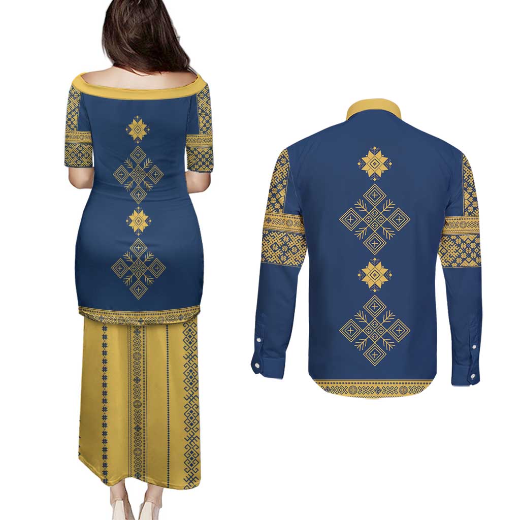 Latvia Jani Midsummer Couples Matching Puletasi and Long Sleeve Button Shirt Blue Gold Latvijas Auseklis
