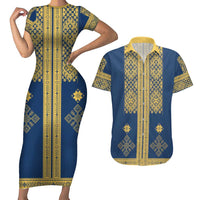 Latvia Jani Midsummer Couples Matching Short Sleeve Bodycon Dress and Hawaiian Shirt Blue Gold Latvijas Auseklis