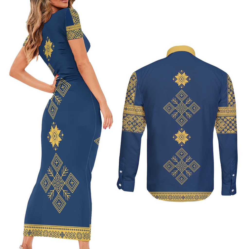 Latvia Jani Midsummer Couples Matching Short Sleeve Bodycon Dress and Long Sleeve Button Shirt Blue Gold Latvijas Auseklis