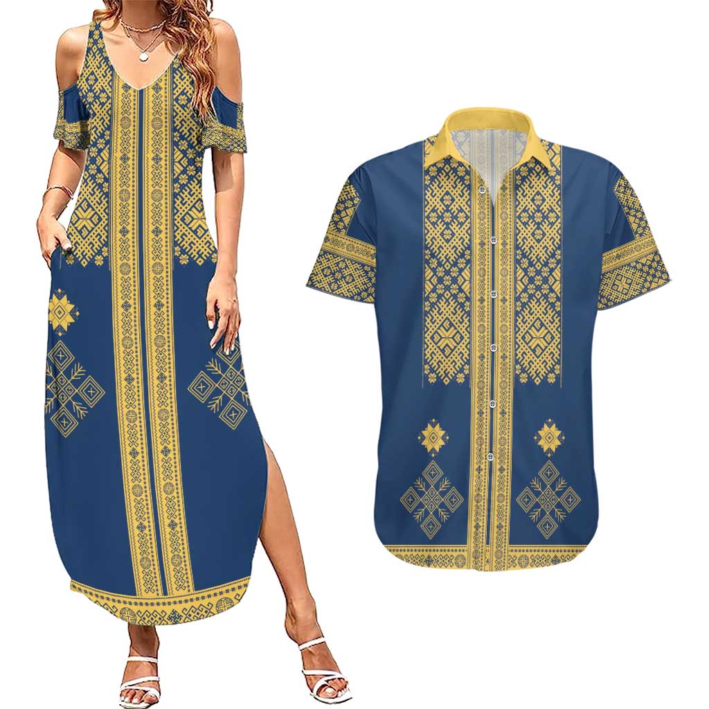 Latvia Jani Midsummer Couples Matching Summer Maxi Dress and Hawaiian Shirt Blue Gold Latvijas Auseklis