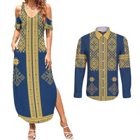 Latvia Jani Midsummer Couples Matching Summer Maxi Dress and Long Sleeve Button Shirt Blue Gold Latvijas Auseklis