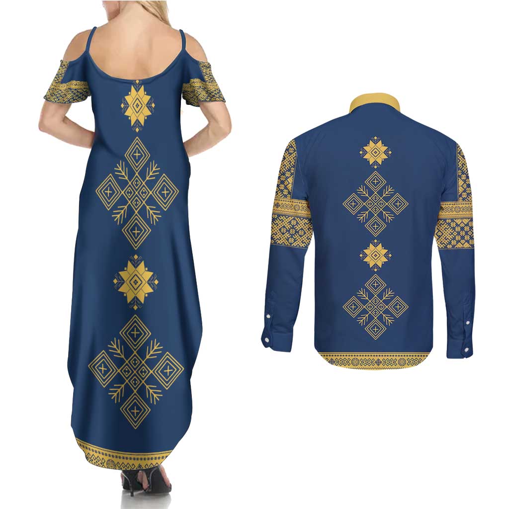 Latvia Jani Midsummer Couples Matching Summer Maxi Dress and Long Sleeve Button Shirt Blue Gold Latvijas Auseklis