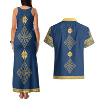 Latvia Jani Midsummer Couples Matching Tank Maxi Dress and Hawaiian Shirt Blue Gold Latvijas Auseklis