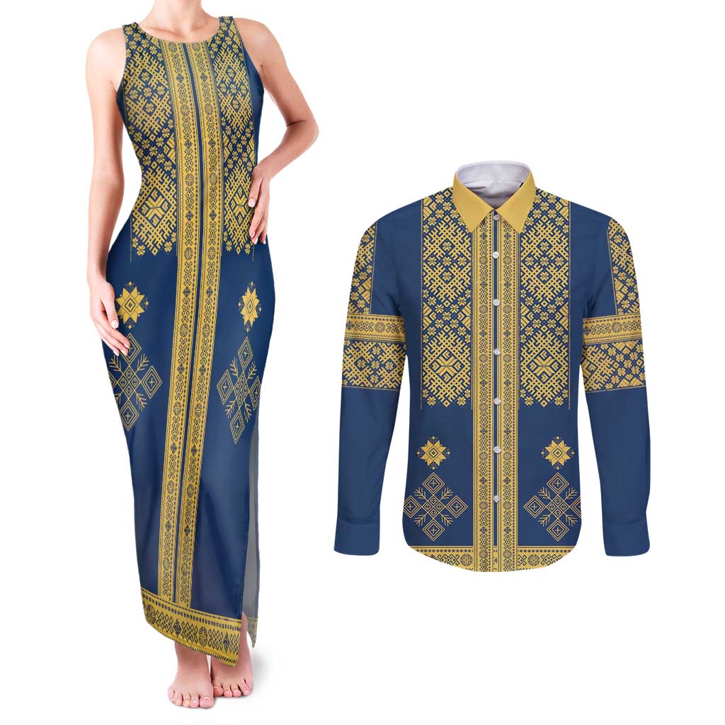 Latvia Jani Midsummer Couples Matching Tank Maxi Dress and Long Sleeve Button Shirt Blue Gold Latvijas Auseklis