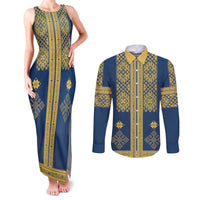 Latvia Jani Midsummer Couples Matching Tank Maxi Dress and Long Sleeve Button Shirt Blue Gold Latvijas Auseklis