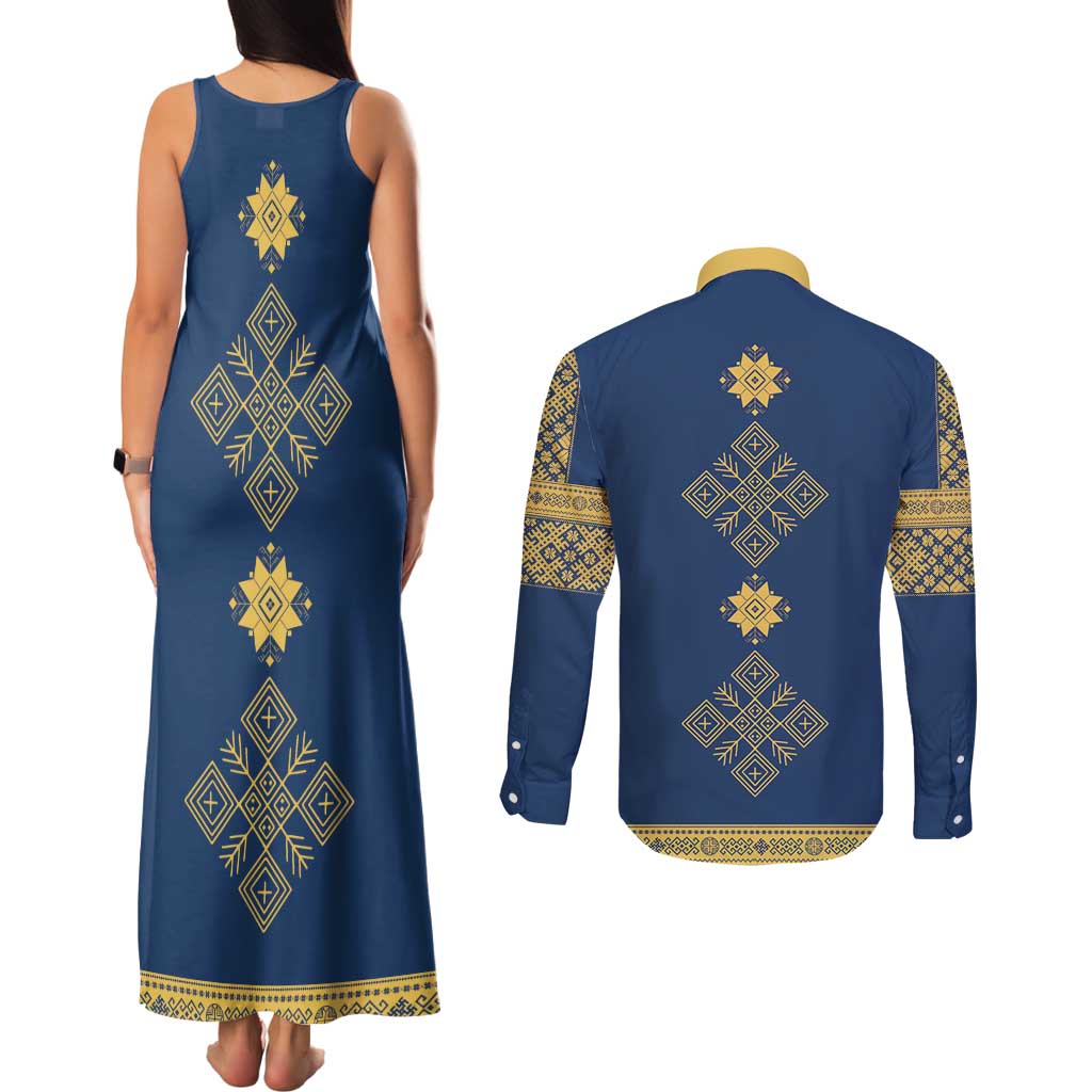 Latvia Jani Midsummer Couples Matching Tank Maxi Dress and Long Sleeve Button Shirt Blue Gold Latvijas Auseklis
