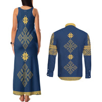 Latvia Jani Midsummer Couples Matching Tank Maxi Dress and Long Sleeve Button Shirt Blue Gold Latvijas Auseklis
