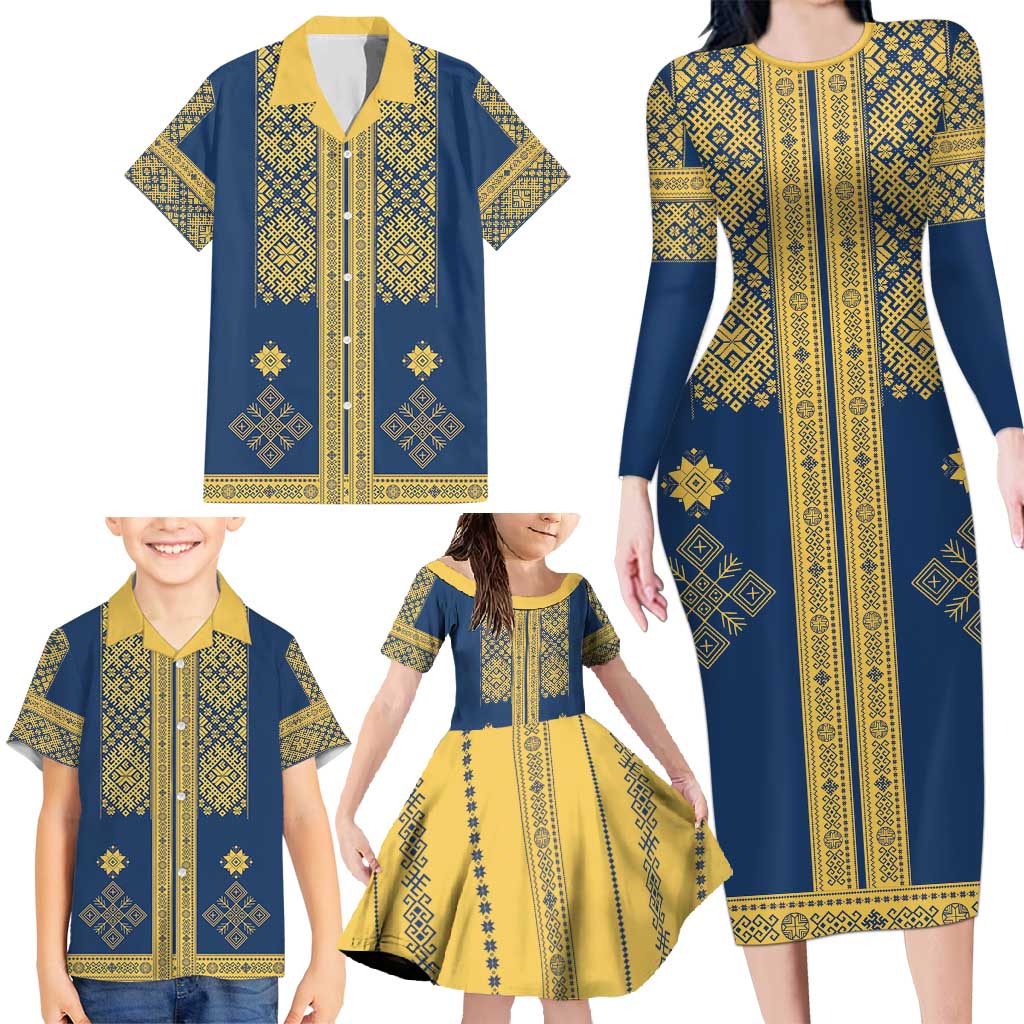Latvia Jani Midsummer Family Matching Long Sleeve Bodycon Dress and Hawaiian Shirt Blue Gold Latvijas Auseklis