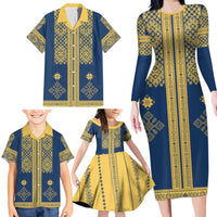 Latvia Jani Midsummer Family Matching Long Sleeve Bodycon Dress and Hawaiian Shirt Blue Gold Latvijas Auseklis
