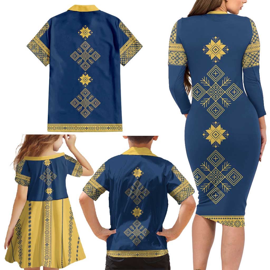 Latvia Jani Midsummer Family Matching Long Sleeve Bodycon Dress and Hawaiian Shirt Blue Gold Latvijas Auseklis