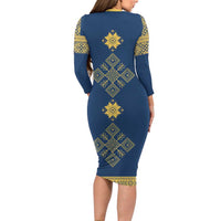 Latvia Jani Midsummer Family Matching Long Sleeve Bodycon Dress and Hawaiian Shirt Blue Gold Latvijas Auseklis