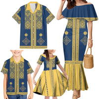 Latvia Jani Midsummer Family Matching Mermaid Dress and Hawaiian Shirt Blue Gold Latvijas Auseklis