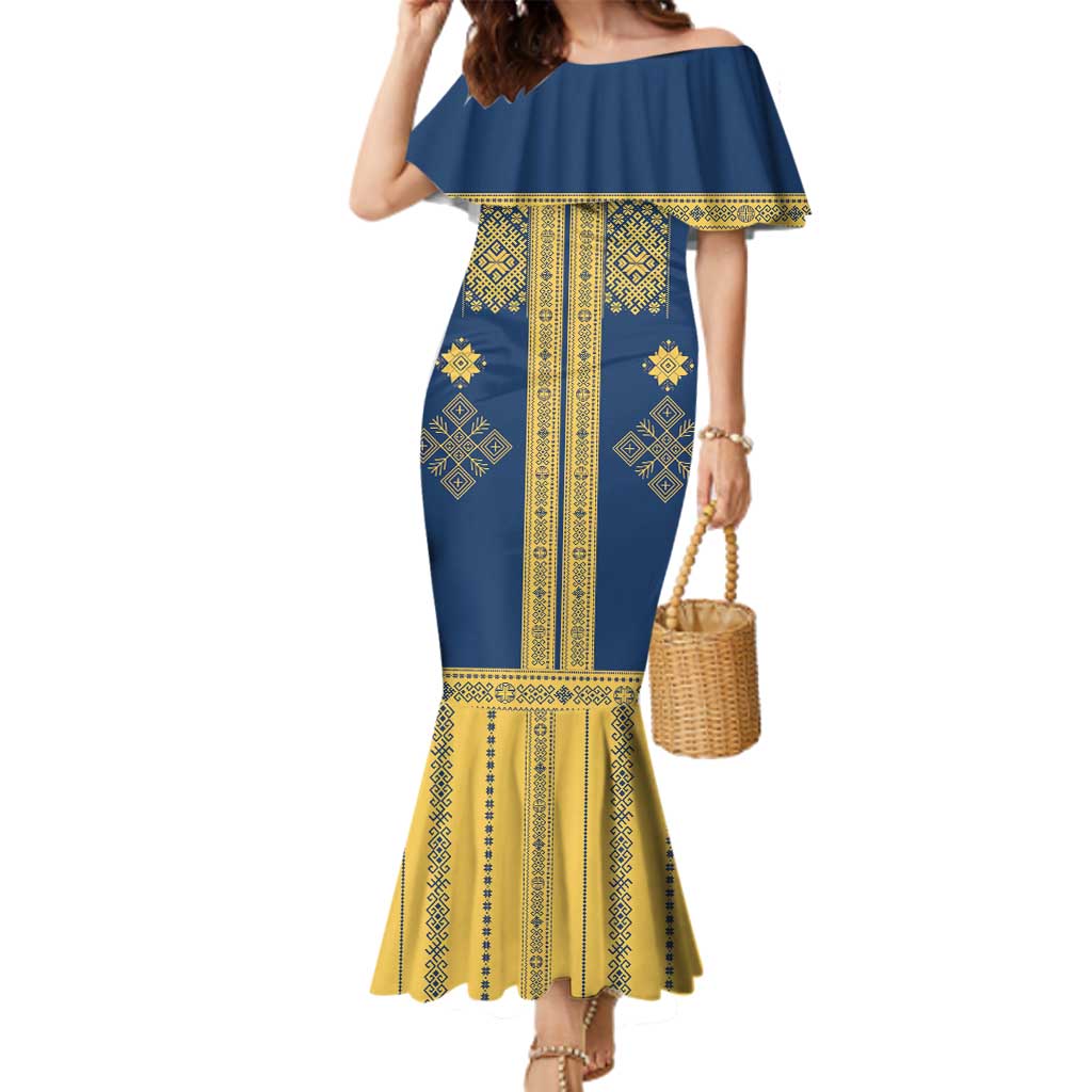 Latvia Jani Midsummer Family Matching Mermaid Dress and Hawaiian Shirt Blue Gold Latvijas Auseklis