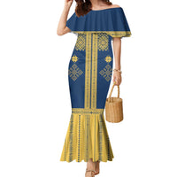 Latvia Jani Midsummer Family Matching Mermaid Dress and Hawaiian Shirt Blue Gold Latvijas Auseklis