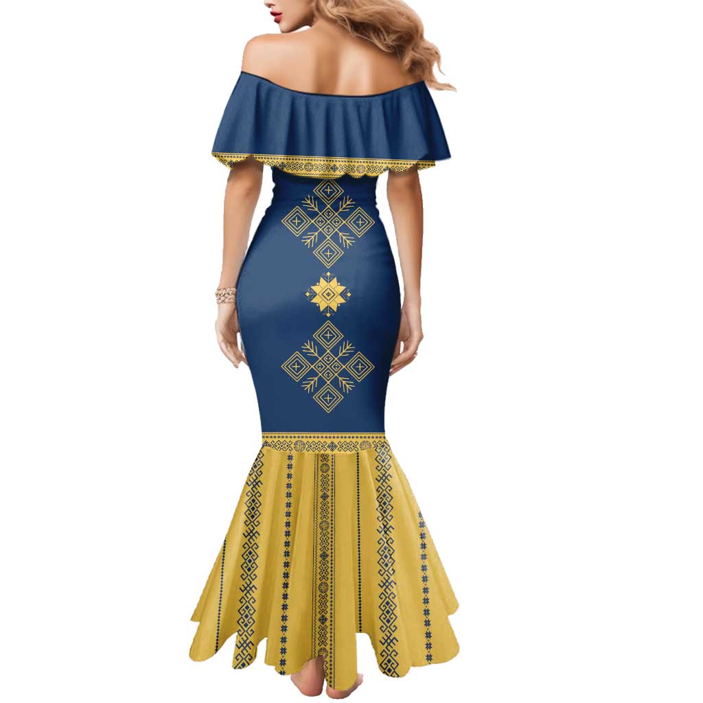 Latvia Jani Midsummer Family Matching Mermaid Dress and Hawaiian Shirt Blue Gold Latvijas Auseklis