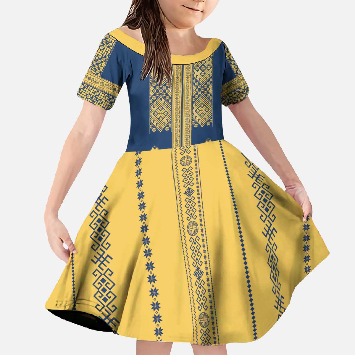 Latvia Jani Midsummer Family Matching Off The Shoulder Long Sleeve Dress and Hawaiian Shirt Blue Gold Latvijas Auseklis