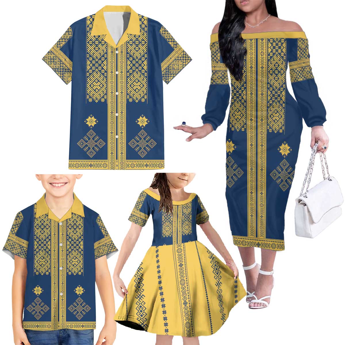 Latvia Jani Midsummer Family Matching Off The Shoulder Long Sleeve Dress and Hawaiian Shirt Blue Gold Latvijas Auseklis