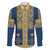 Latvia Jani Midsummer Family Matching Off The Shoulder Long Sleeve Dress and Hawaiian Shirt Blue Gold Latvijas Auseklis