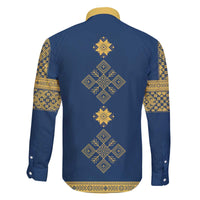 Latvia Jani Midsummer Family Matching Off The Shoulder Long Sleeve Dress and Hawaiian Shirt Blue Gold Latvijas Auseklis