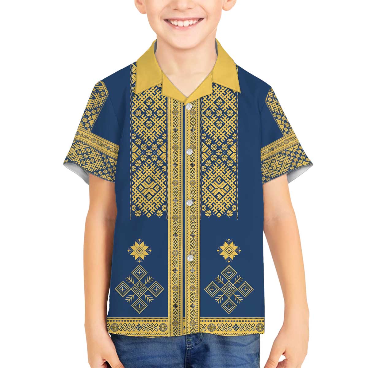 Latvia Jani Midsummer Family Matching Off The Shoulder Long Sleeve Dress and Hawaiian Shirt Blue Gold Latvijas Auseklis