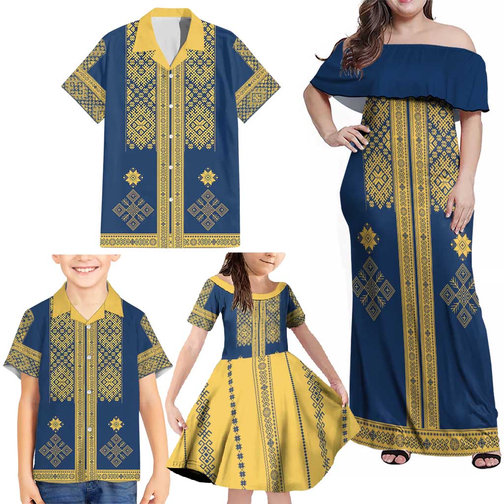 Latvia Jani Midsummer Family Matching Off Shoulder Maxi Dress and Hawaiian Shirt Blue Gold Latvijas Auseklis
