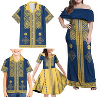 Latvia Jani Midsummer Family Matching Off Shoulder Maxi Dress and Hawaiian Shirt Blue Gold Latvijas Auseklis