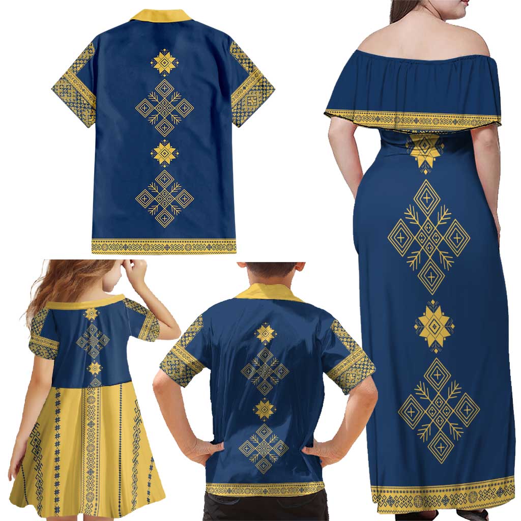 Latvia Jani Midsummer Family Matching Off Shoulder Maxi Dress and Hawaiian Shirt Blue Gold Latvijas Auseklis